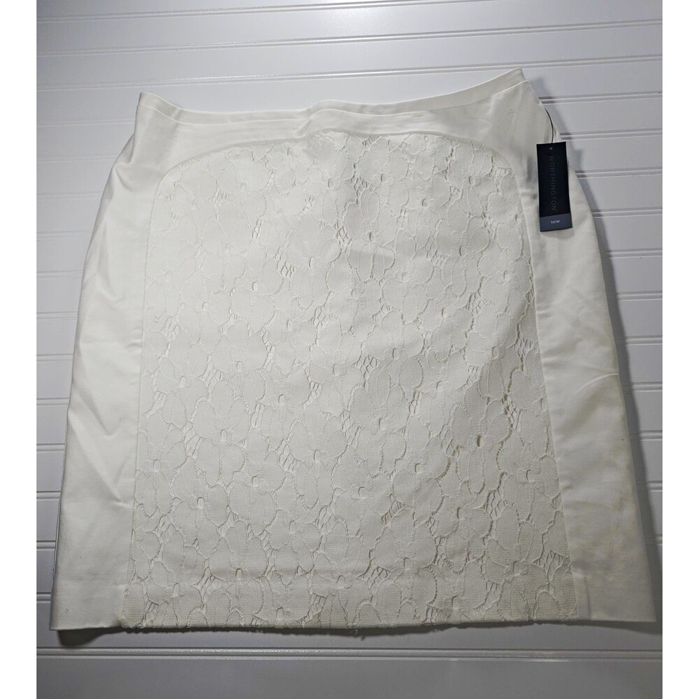 Worthington White Floral Lace Pencil Knee Skirt Slit Zip Plus Size 16W